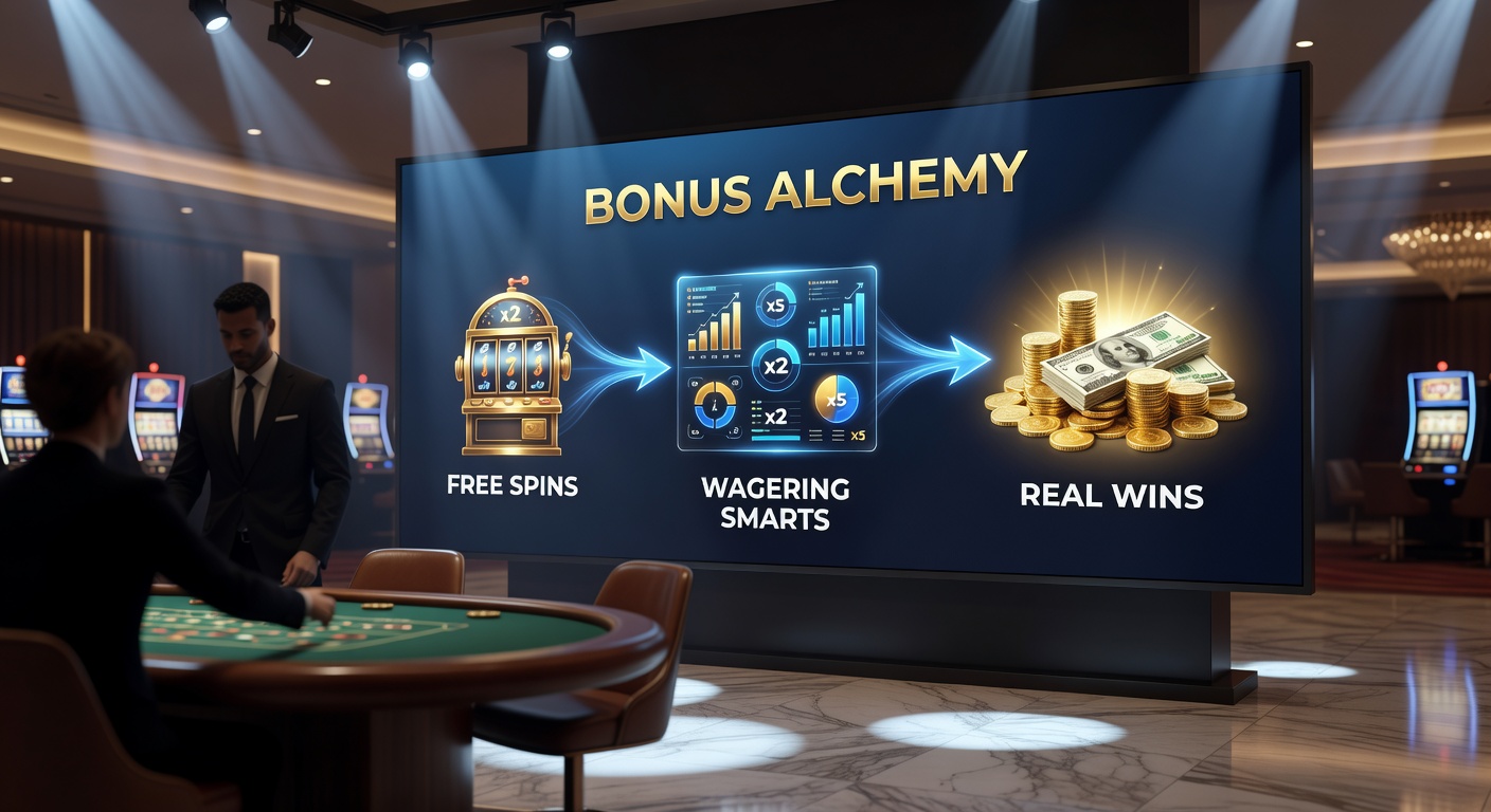 Player at a digital casino dashboard reviewing wagering progress bar filling up, with free spins icons morphing into cash stacks
