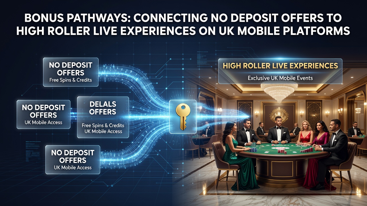 Illustration of bonus pathways in UK mobile casinos connecting no deposit offers to live experiences