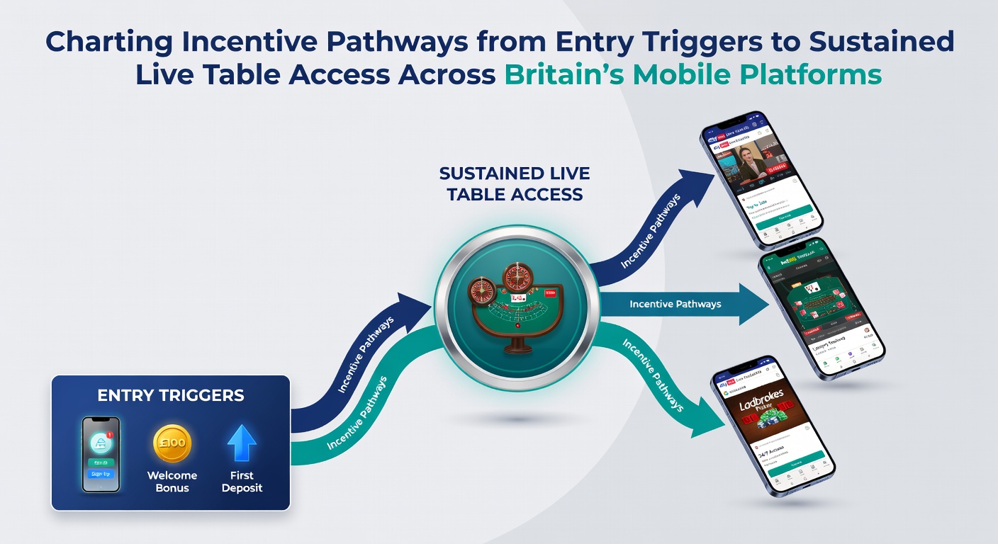 Illustration showing entry-level bonus triggers leading into mobile casino interfaces and live table progression routes