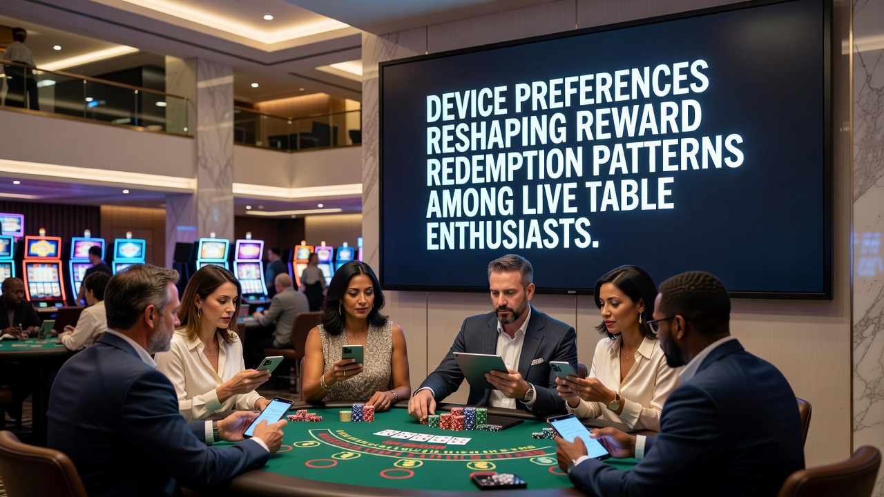 Smartphones and tablets displaying live table game interfaces with reward notifications