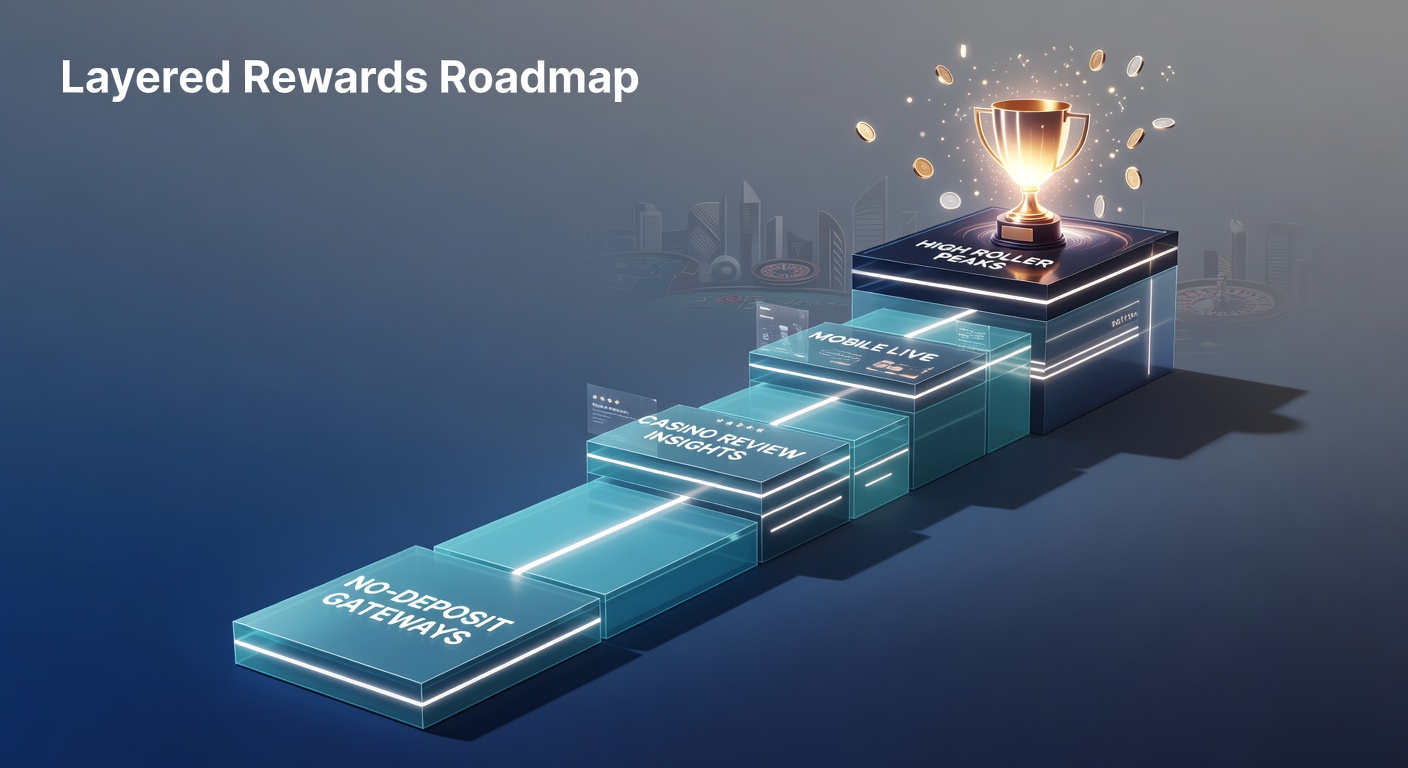 Illustration of a winding path from no-deposit bonus icons to high-roller live dealer tables on mobile screens, symbolizing reward progression