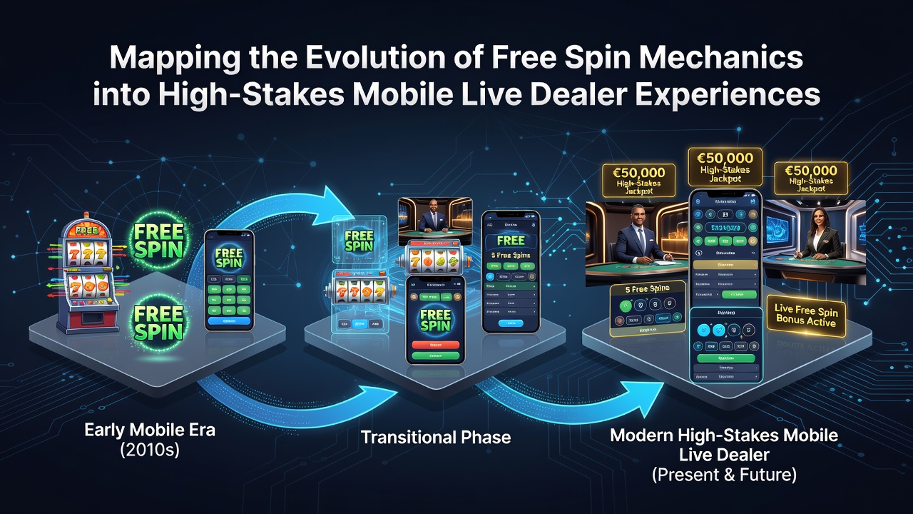 Mobile device displaying a live dealer casino table with overlaid free spin indicators in a regulated British gaming environment