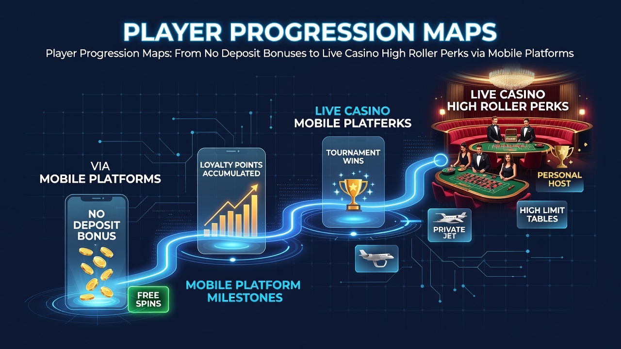 Visual diagram showing the stages of player progression from no deposit bonuses through mobile platforms to live casino high roller benefits