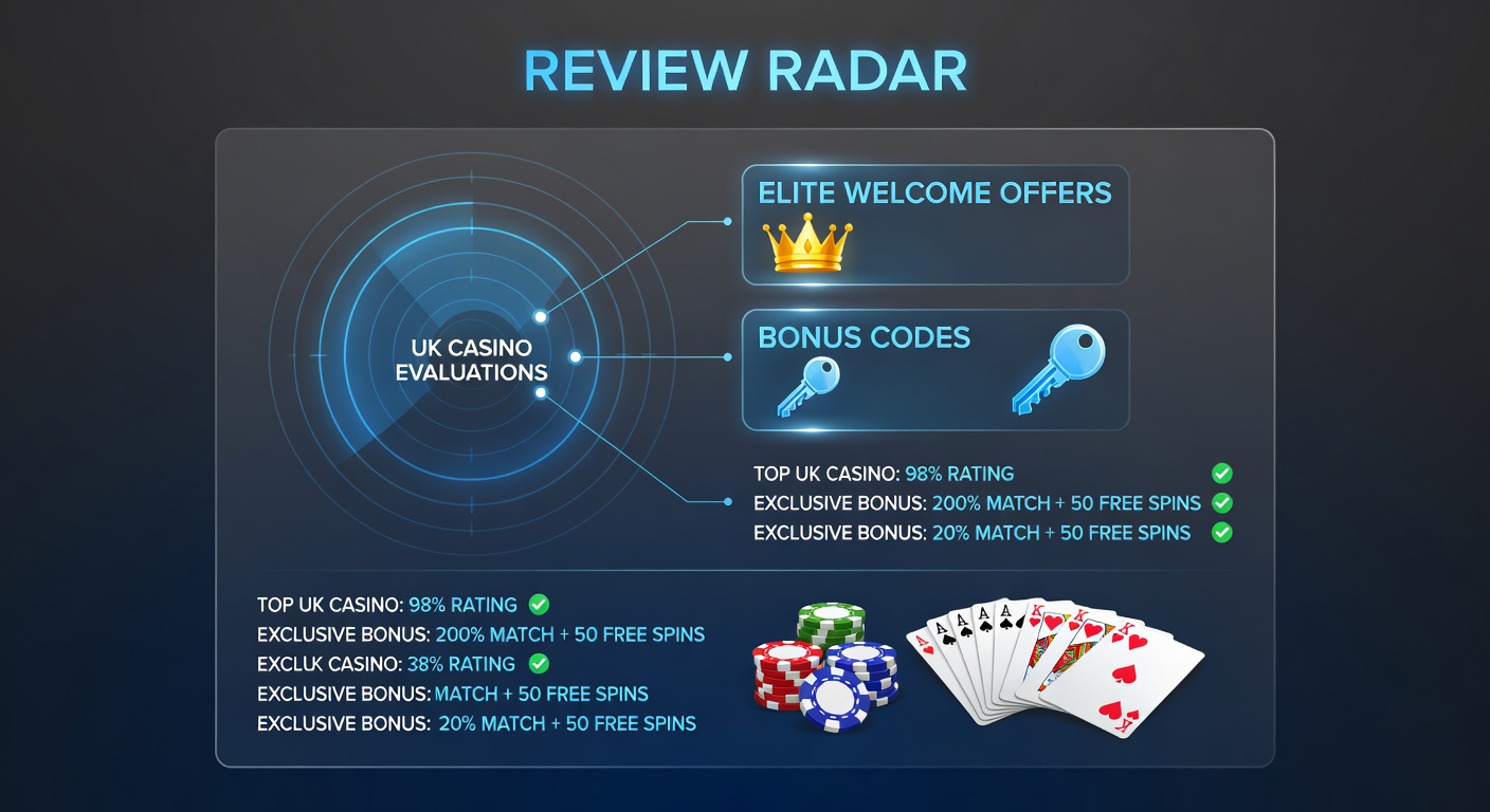 Casino review dashboard highlighting welcome bonus offers with bonus codes highlighted in green