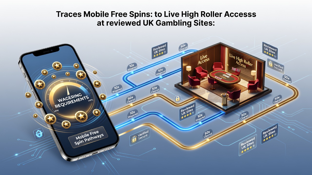 Mobile casino screen displaying free spin bonuses transitioning toward live dealer high roller tables at UK reviewed sites