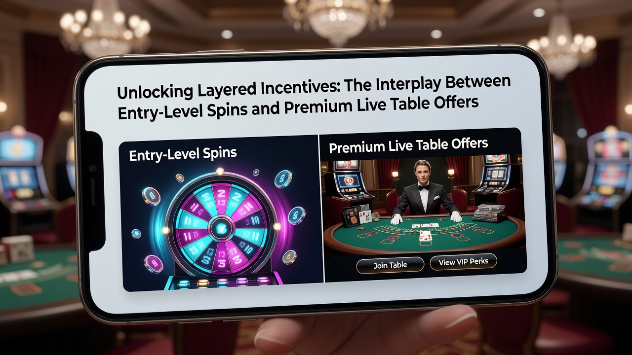 Smartphone screen displaying casino app with entry-level free spins and live dealer tables
