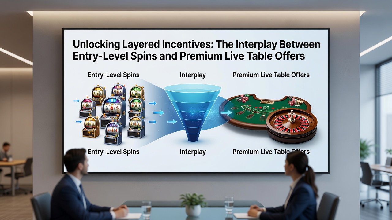 Mobile app interface showing layered rewards from free spins progressing to live casino tables